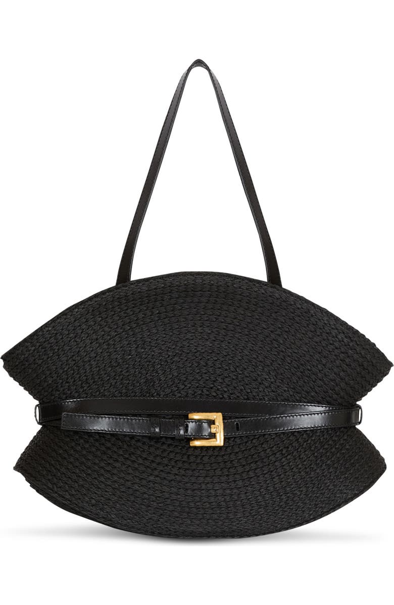 Balmain Shuffle Medium bag in calfskin leather and raffia, Main, color, Black