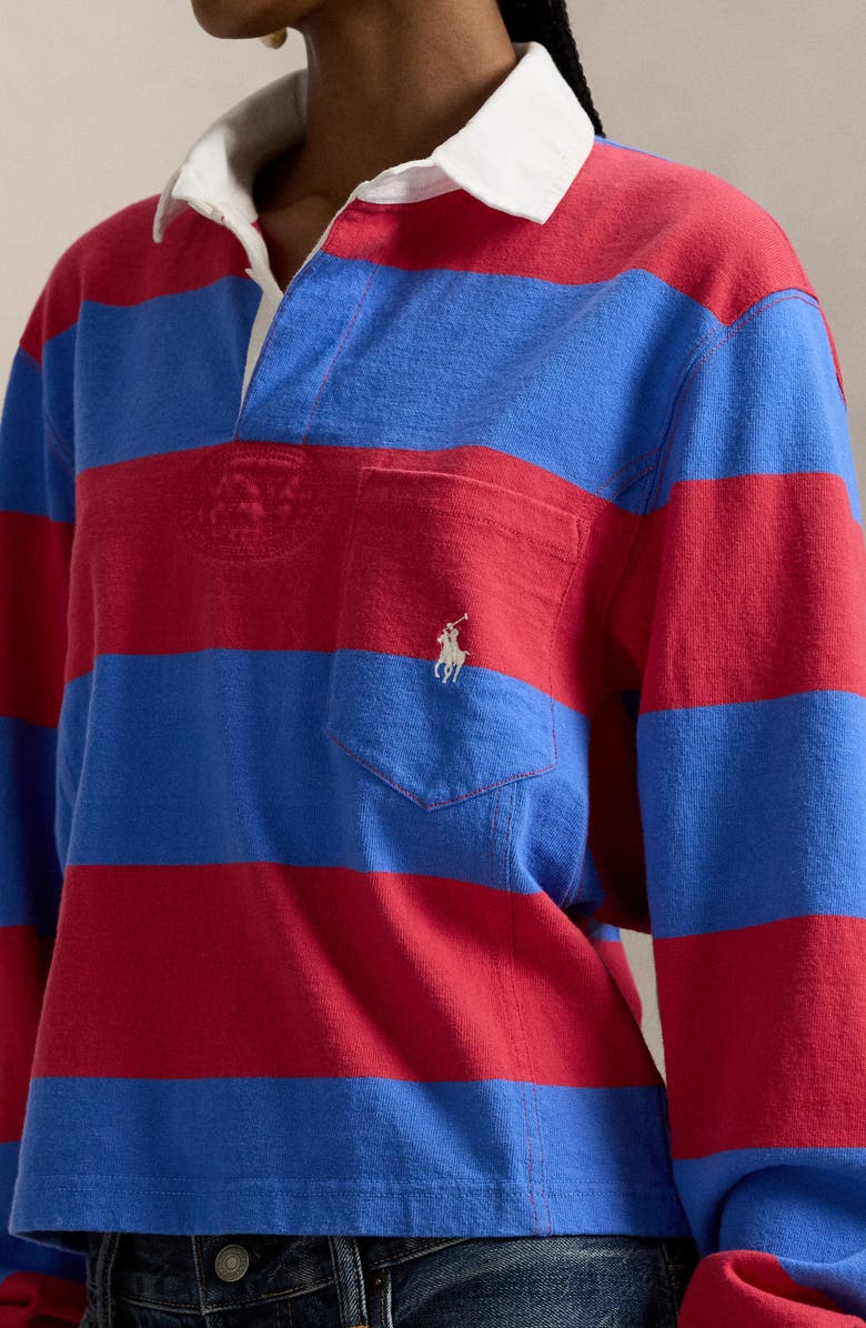 Polo Ralph Lauren Stripe Jersey Rugby Shirt, Alternate, color, Sunset Red/ Greenwich Blue