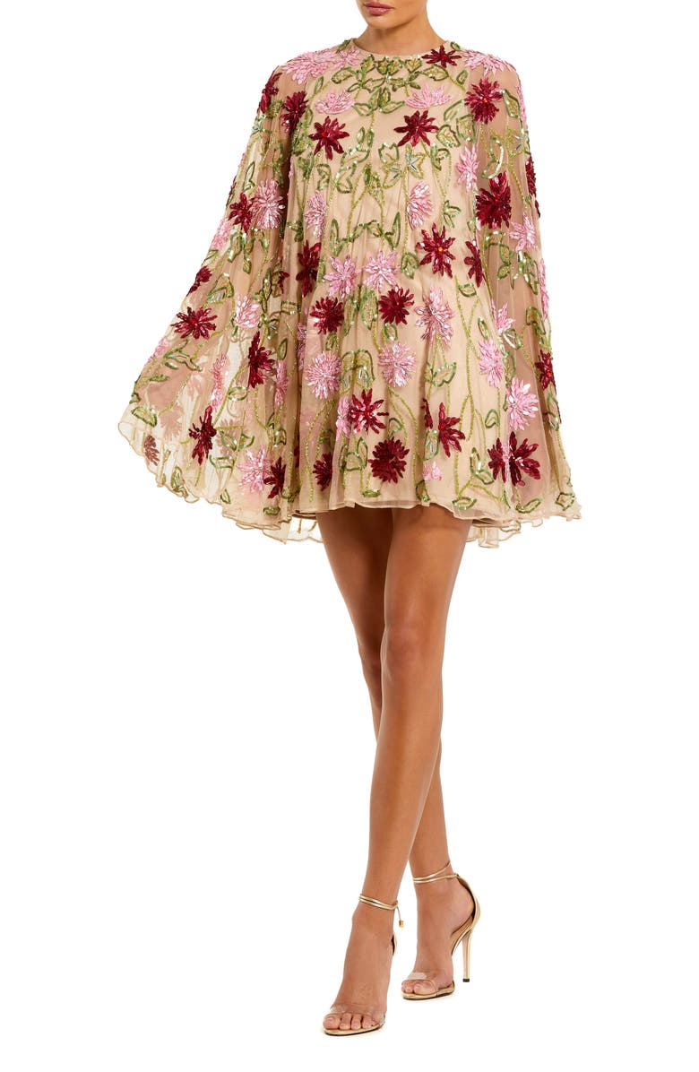 Mac Duggal Floral Beaded Mesh Shawl Mini Dress, Main, color, Nude Multi