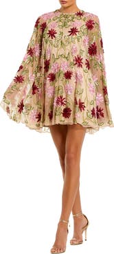 Mac Duggal Floral Beaded Mesh Shawl Mini Dress