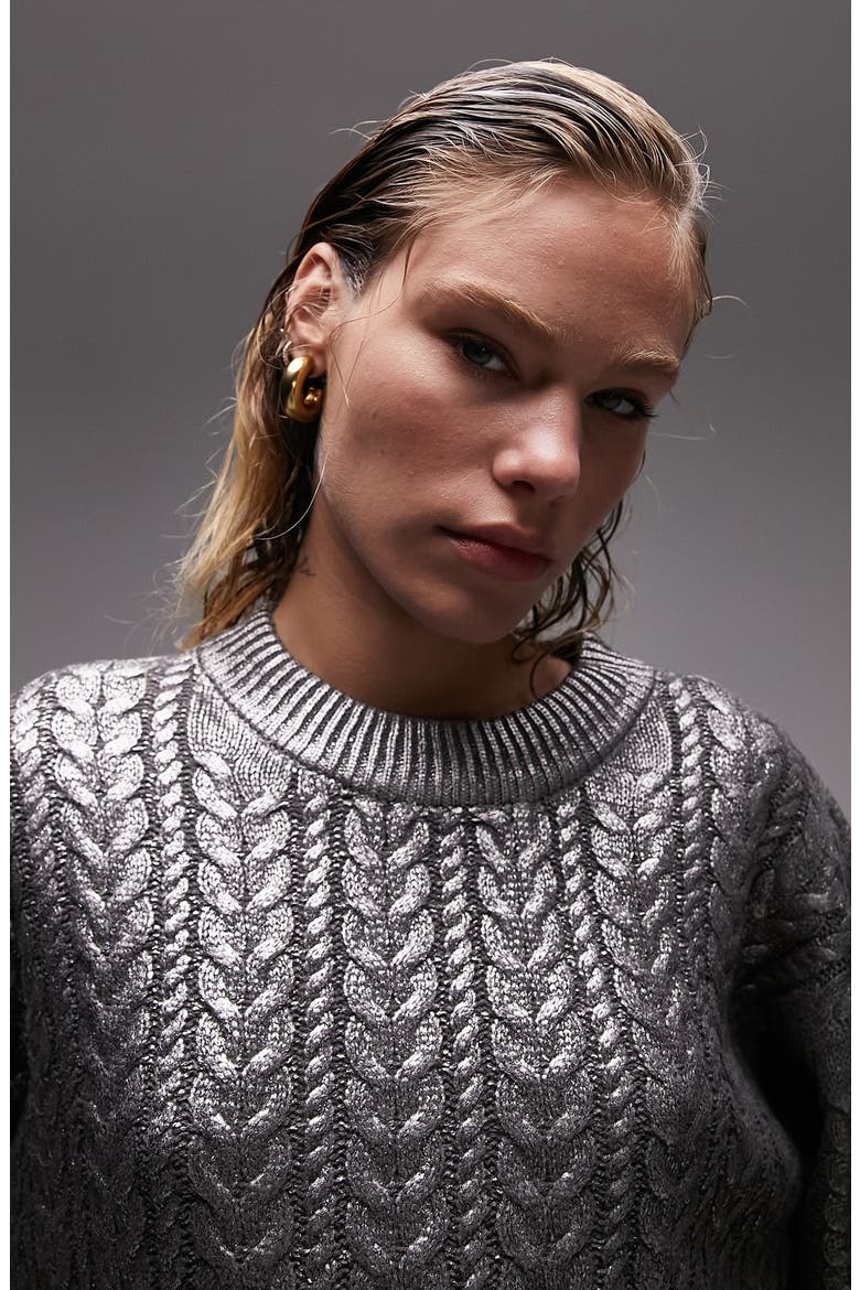 Metallic Cable Stitch Sweater, Alternate, color, SILVER