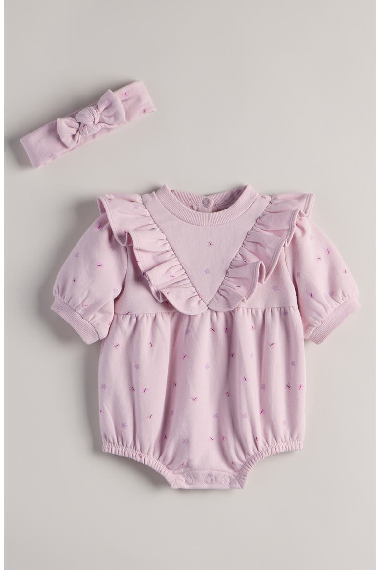 Ruffle Cotton Blend Fleece Romper & Headband Set, Main, color, PINK WINDSOME BUTTERFLIES