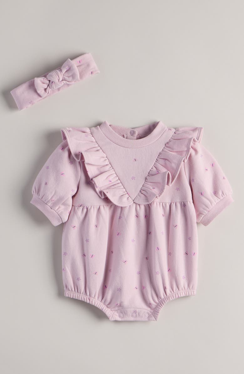 Nordstrom Ruffle Cotton Fleece Romper & Headband Set, Main, color, Pink Windsome Butterflies