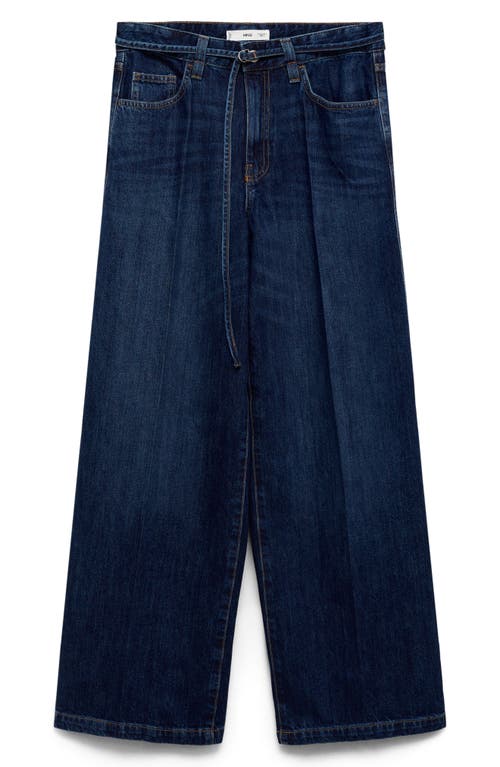 Shop Mango Belt Wide Leg Jeans In Dark Blue