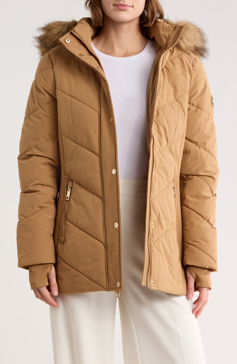 Michael Kors Faux Fur Trim Hooded Quilted Jacket, Alternate, color, Dark Camel