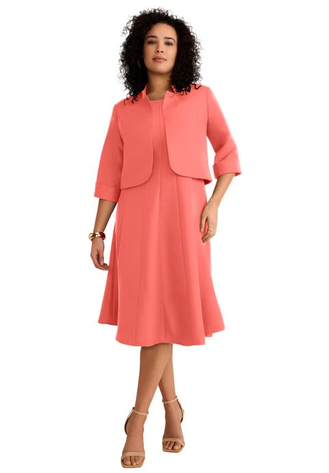 Plus Size Elbow Sleeve Fit And Flare Dress With Bolero Jacket 2 Piece Suit