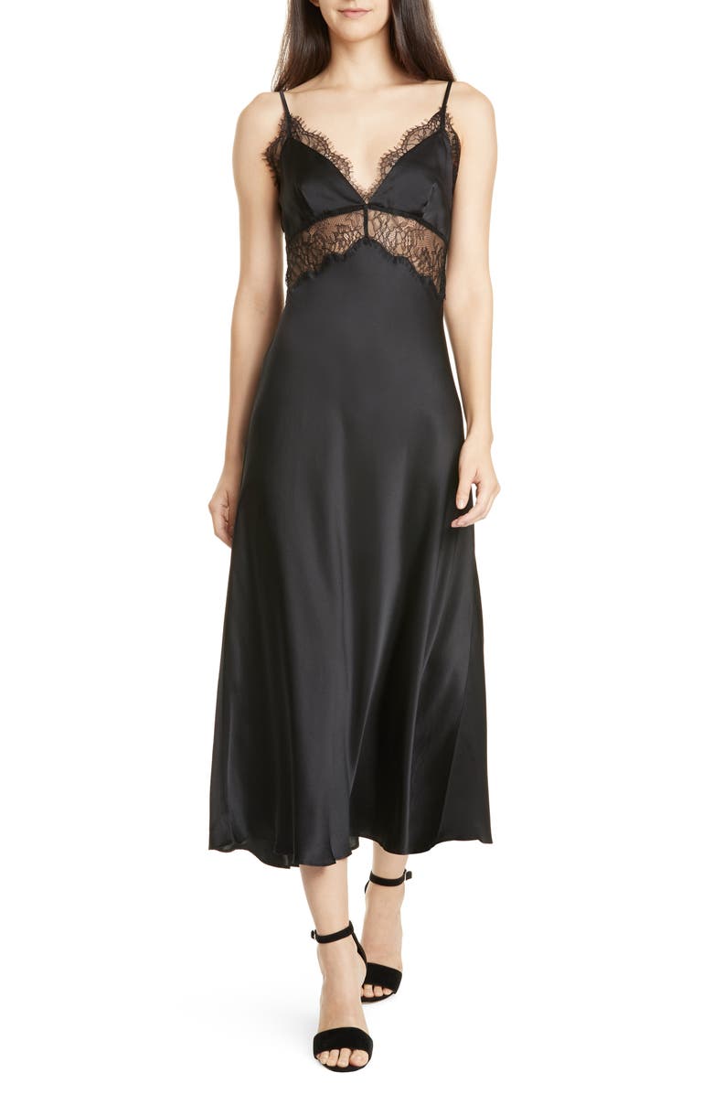 CAMI NYC The Tucker Lace Trim Silk Midi Slipdress, Main, color, 