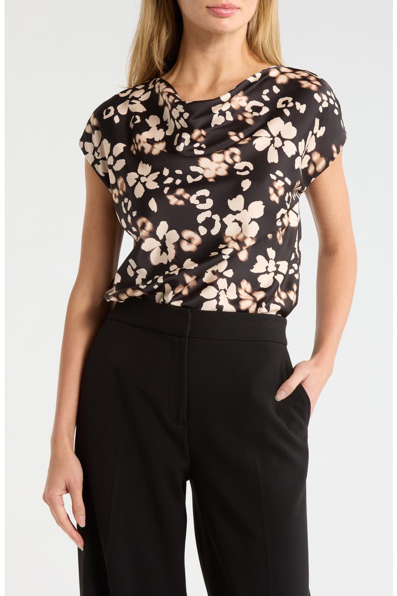 Floral Cowl Neck Cap Sleeve Satin Top, Main, color, BLACK