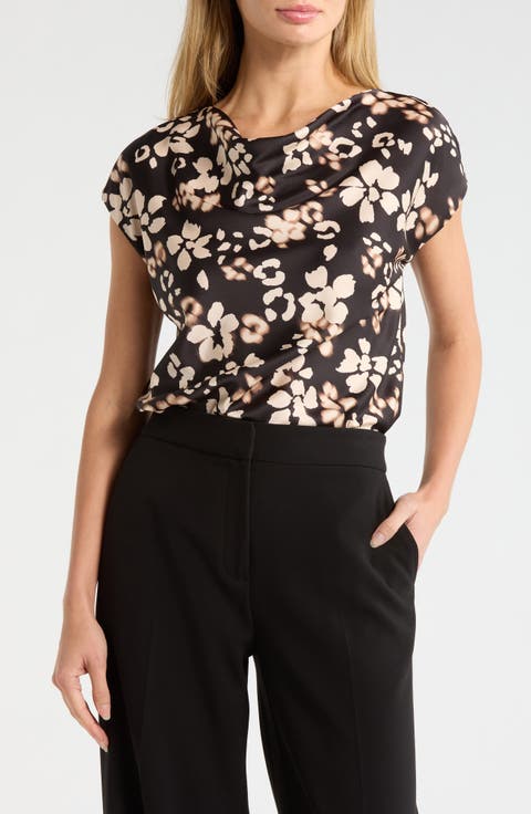 Floral Cowl Neck Cap Sleeve Satin Top