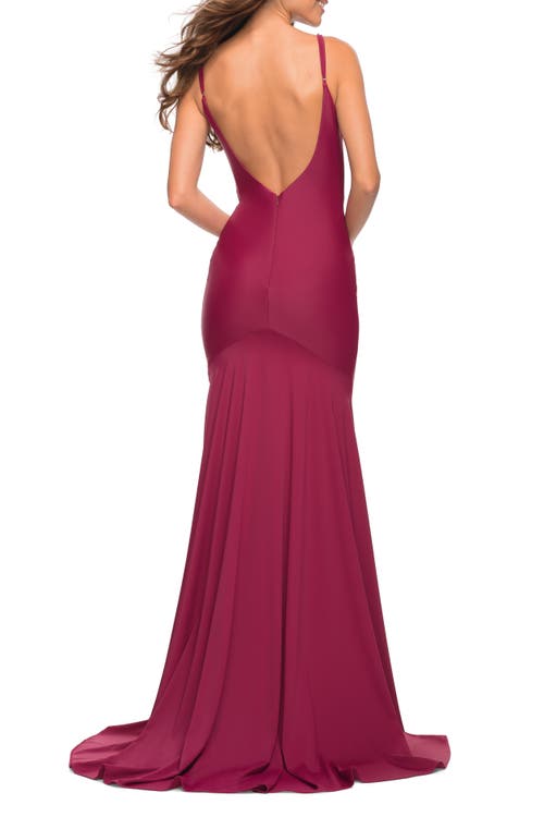 La Femme Sleeveless Jersey Gown With Train In Berry