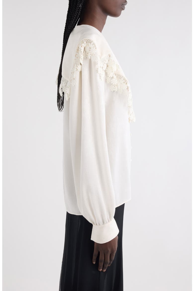 Floral Lace Trim Organic Silk Button-Up Shirt, Alternate, color, ICONIC MILK