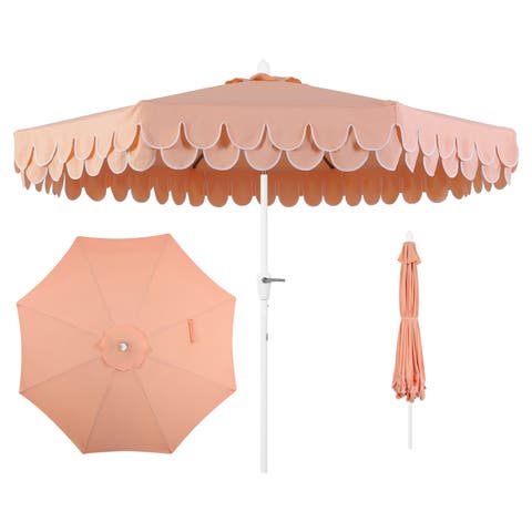 Tracy 9 ft. Classic MidCentury Scalloped Fringe Market Patio Umbrella with Auto-Tilt, Crank, Wind Vent and UV Protection
