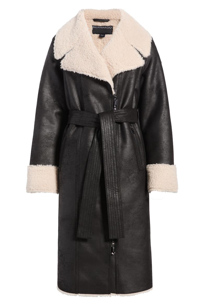 Belted Faux Shearling Coat, Alternate, color, BLACKCREAM