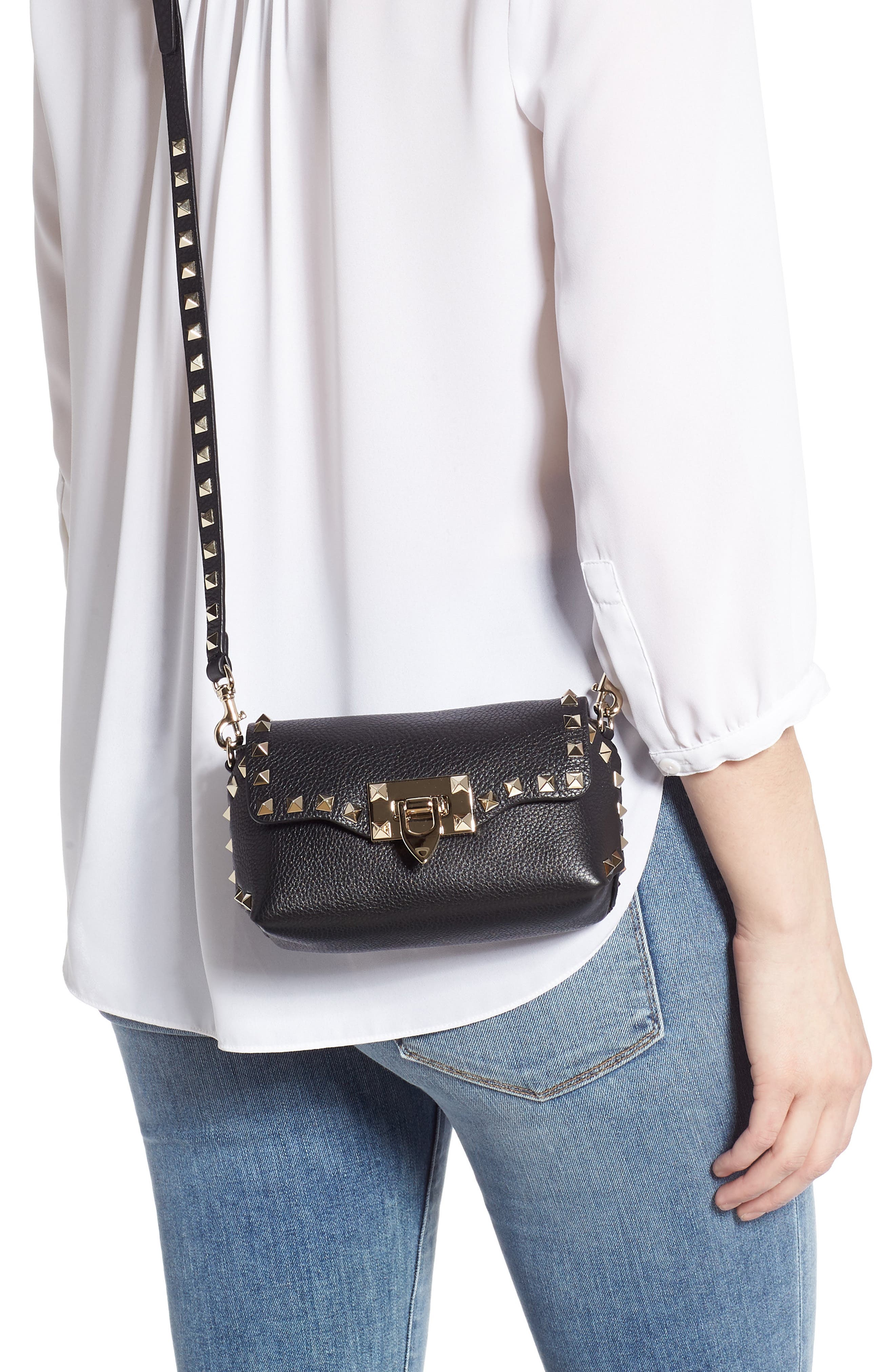 Valentino Garavani Rockstud Mini Calfskin Leather Crossbody Bag, Alternate, color, 
