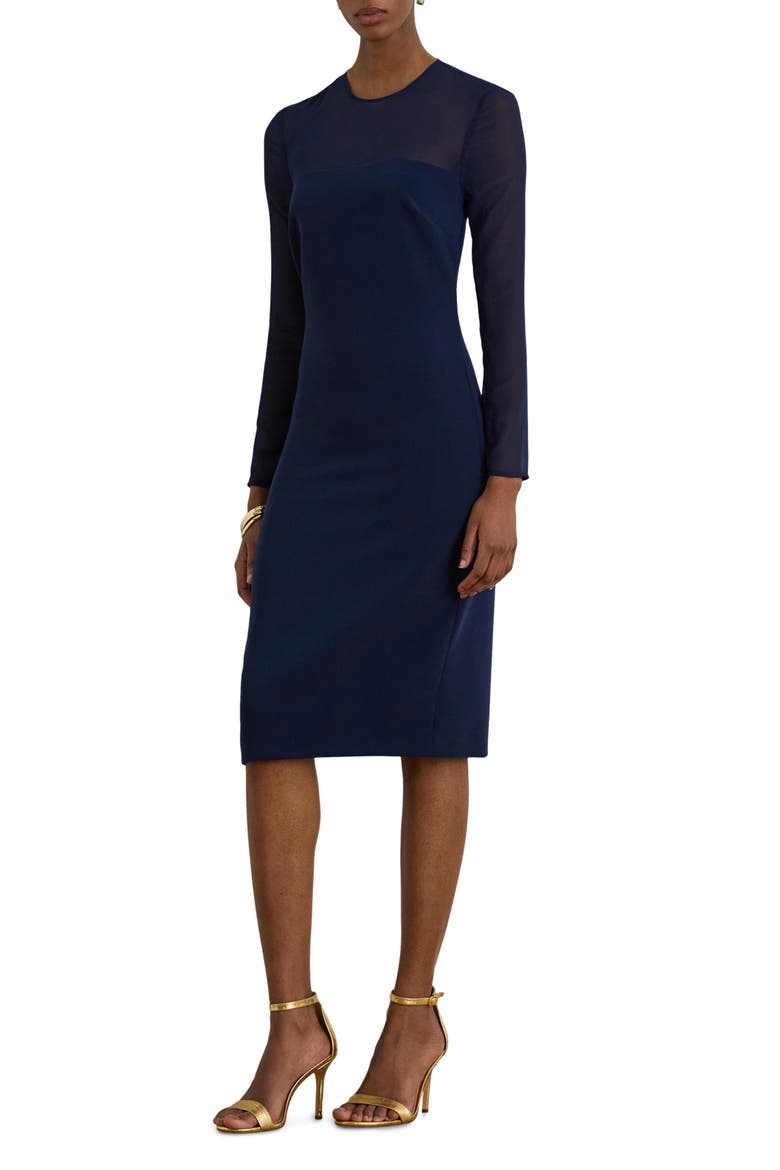 Sheer Yoke Wool Cocktail Dress, Main, color, REFINED NAVY BLUE