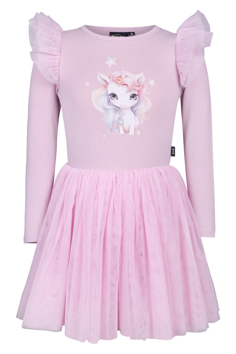 Kids' Rebel Unicorn Long Sleeve Tulle Graphic Dress, Main, color, DUSTY LILAC