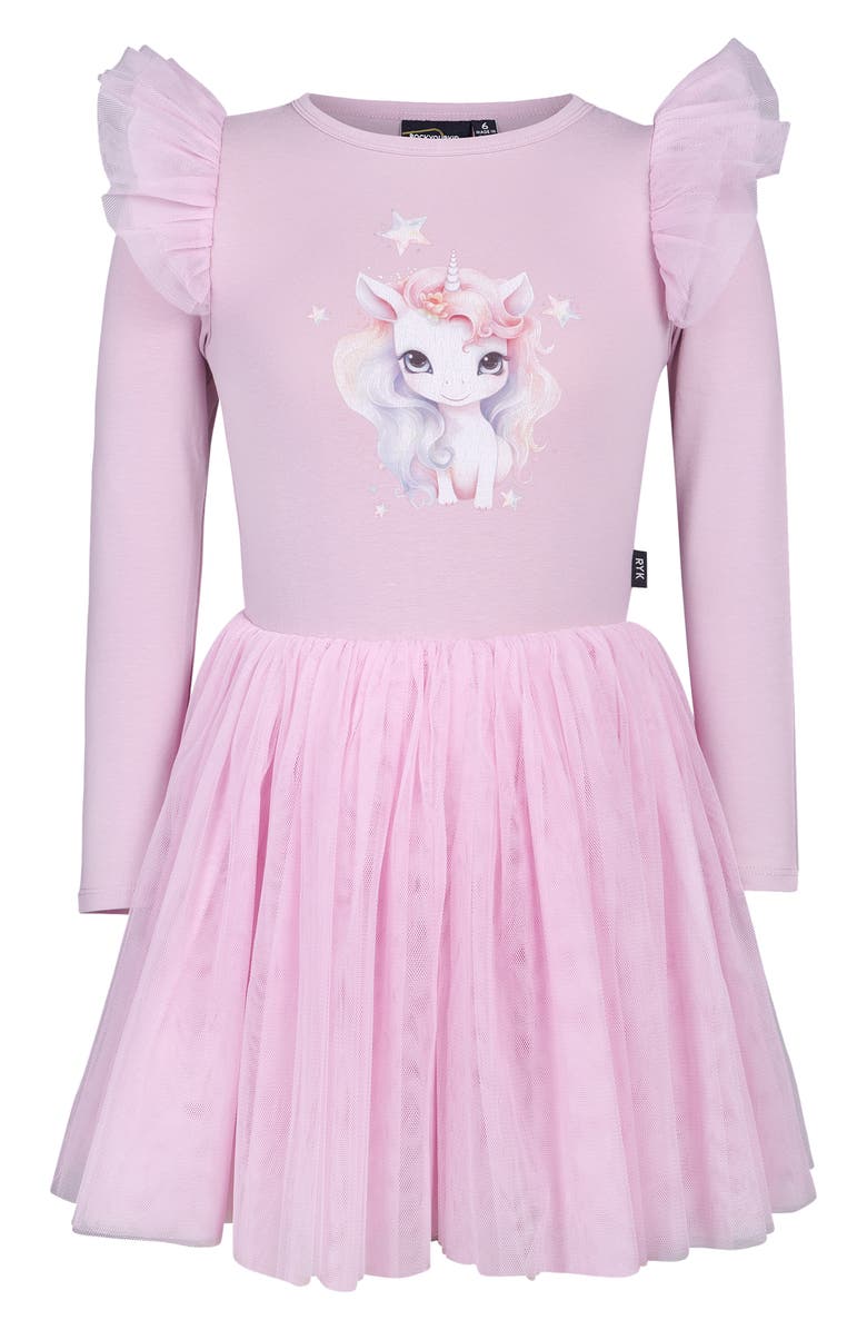 Rock Your Kid Kids' Rebel Unicorn Long Sleeve Tulle Graphic Dress, Main, color, Dusty Lilac