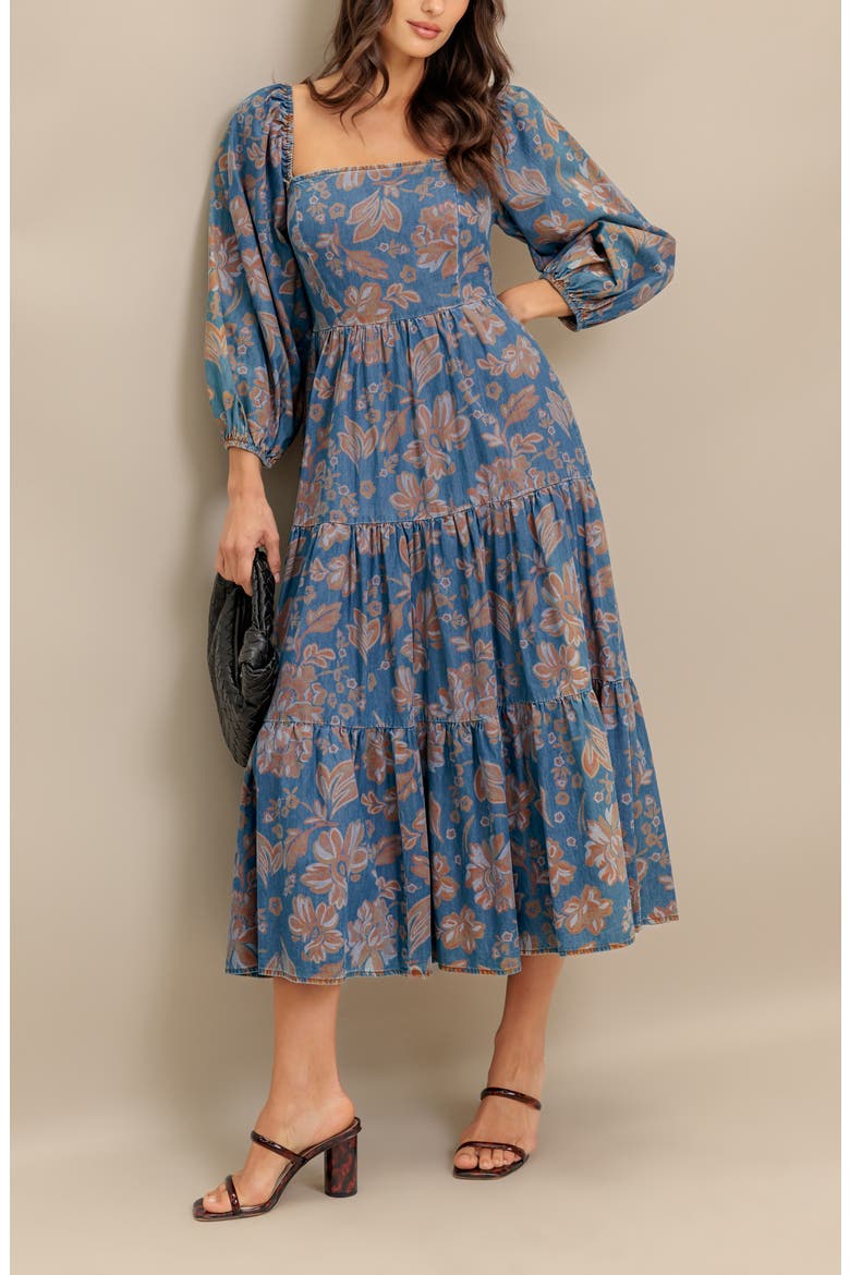 Floral Balloon Sleeve Chambray Midi Dress, Alternate, color, CHAMBRAY