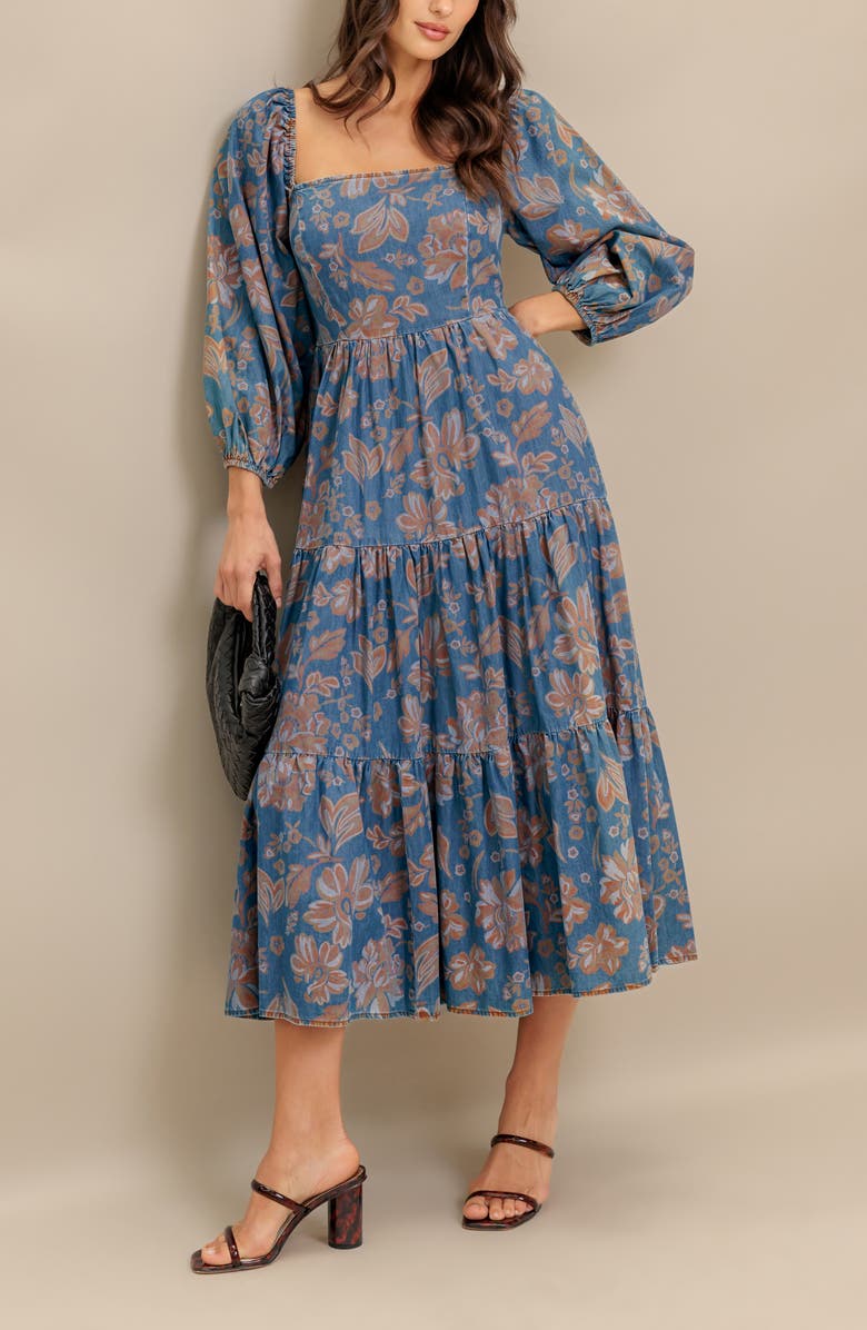 FLYING TOMATO Floral Balloon Sleeve Chambray Midi Dress, Alternate, color, Chambray