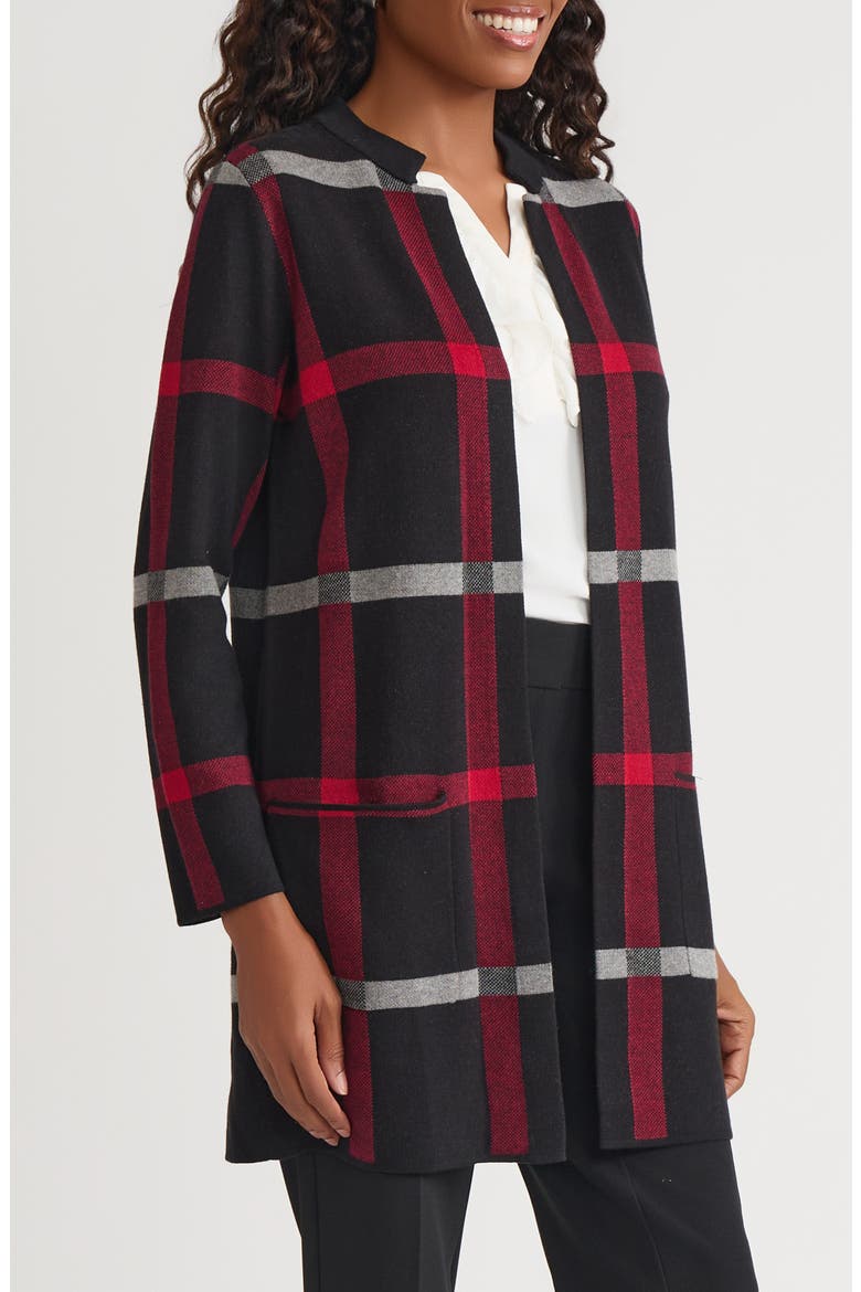 Plaid Longline Open Front Sweater Coat, Alternate, color, BLACK/ FIRE RED