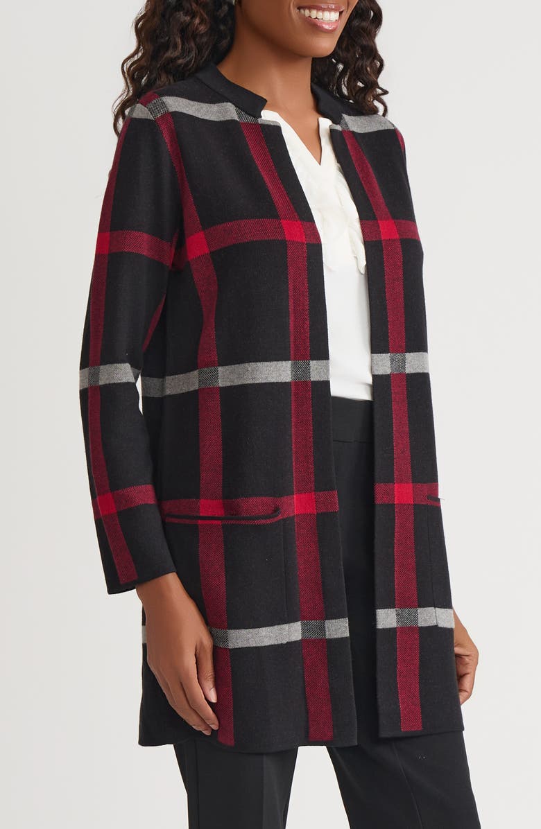 KASPER Plaid Longline Open Front Sweater Coat, Alternate, color, Black/ Fire Red