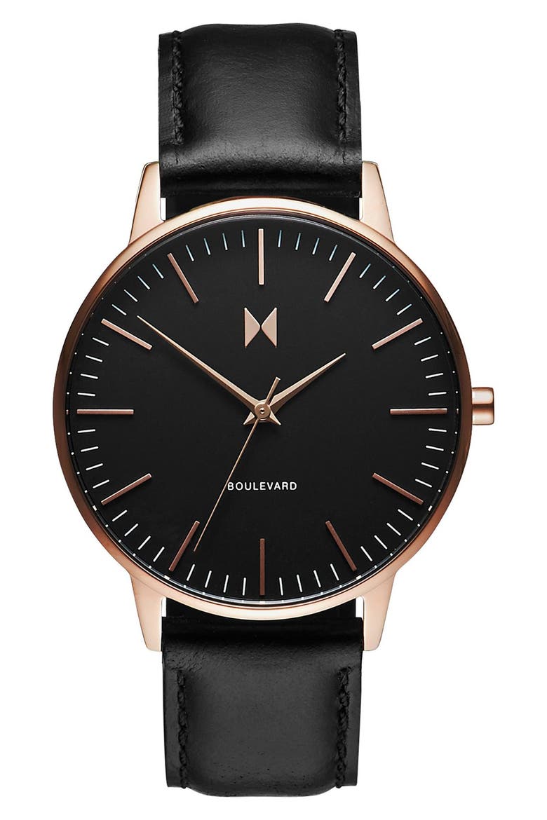 MVMT Boulevard Leather Strap Watch, 38mm, Main, color, BLACK/ ROSE GOLD