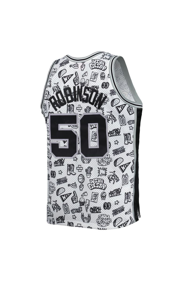 Mitchell & Ness Men's Mitchell & Ness David Robinson White San Antonio Spurs 1998/99 Hardwood Classics Doodle Swingman Player Jersey, Alternate, color, 