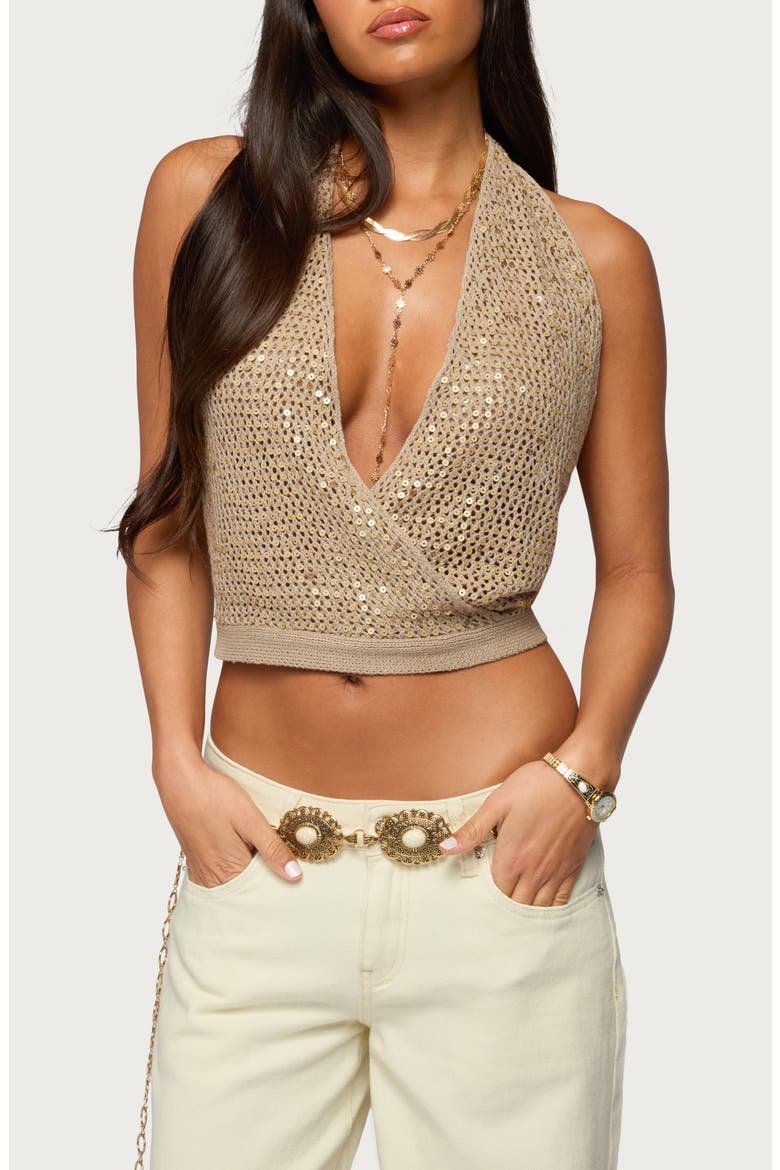 Sequin Crochet Halter Top, Main, color, GOLD