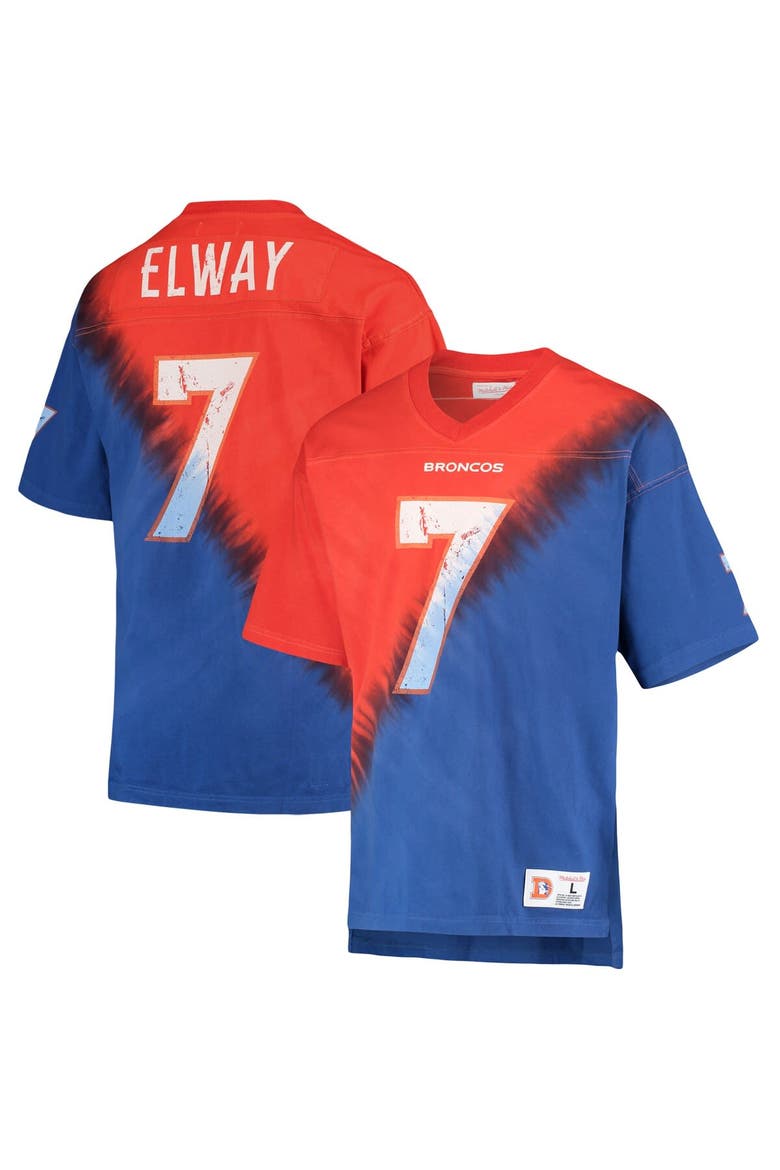 Men's Mitchell & Ness John Elway Orange/Royal Denver Broncos Retired Player Name & Number Diagonal Tie-Dye V-Neck T-Shirt, Alternate, color, Orange