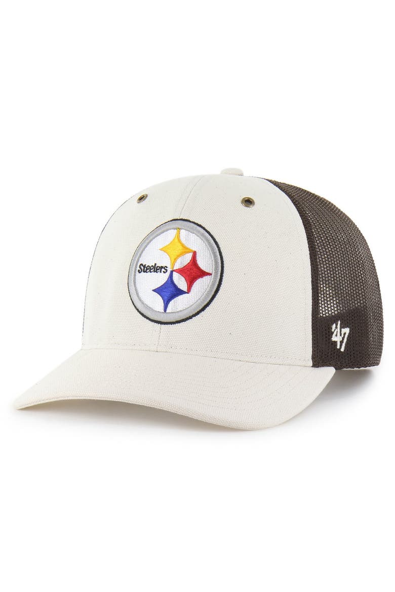 Men's Carhartt x '47 Natural/Brown Pittsburgh Steelers Undyed Trucker Adjustable Hat, Main, color, Natural