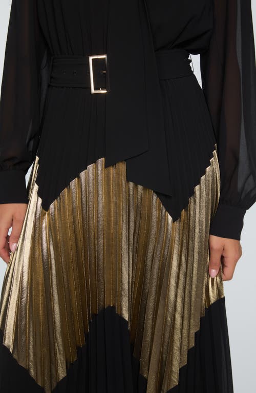 Elie Tahari The Carrie Gilded Pleated Long Sleeve Maxi Dress In Noir And Gold