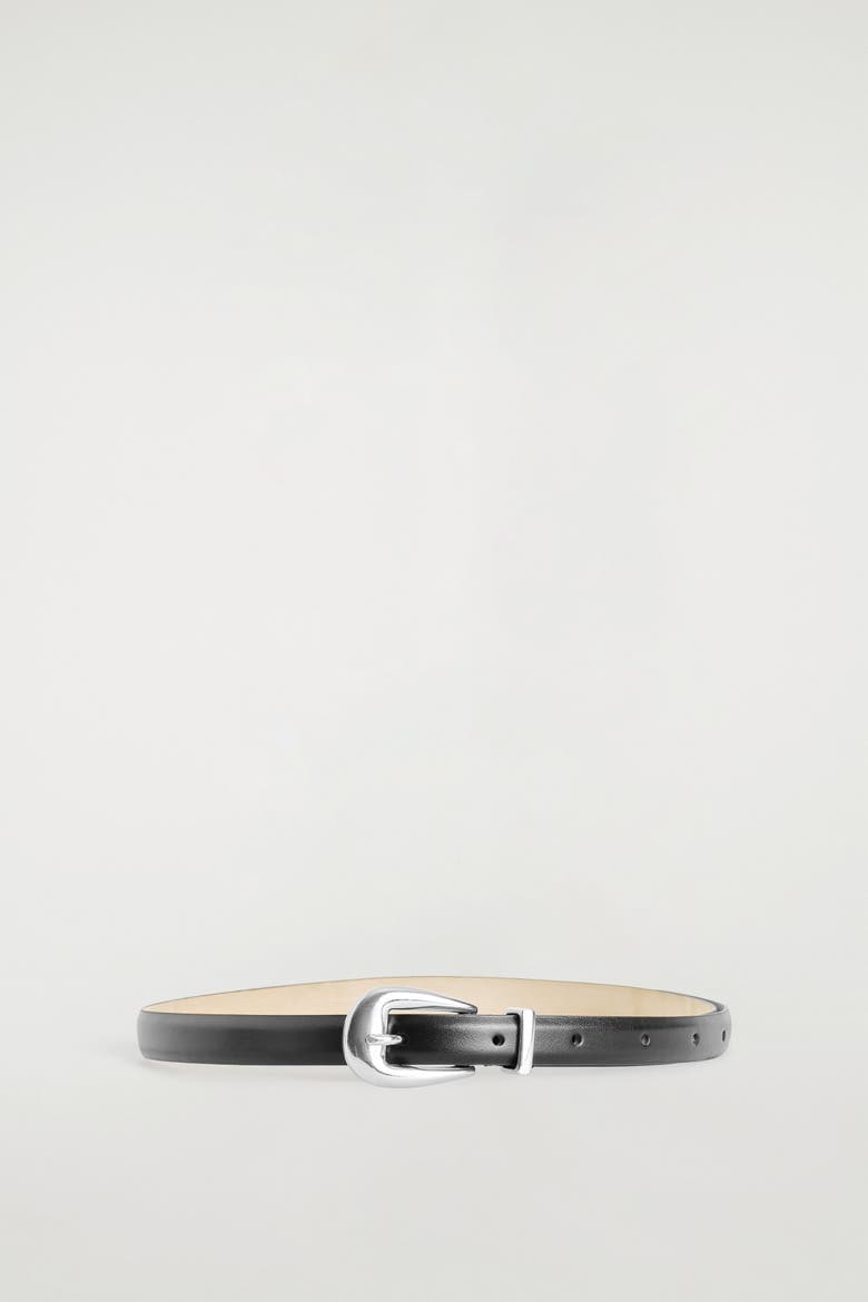 Sculpted-buckle Leather Belt, Alternate, color, BLACK / SILVER