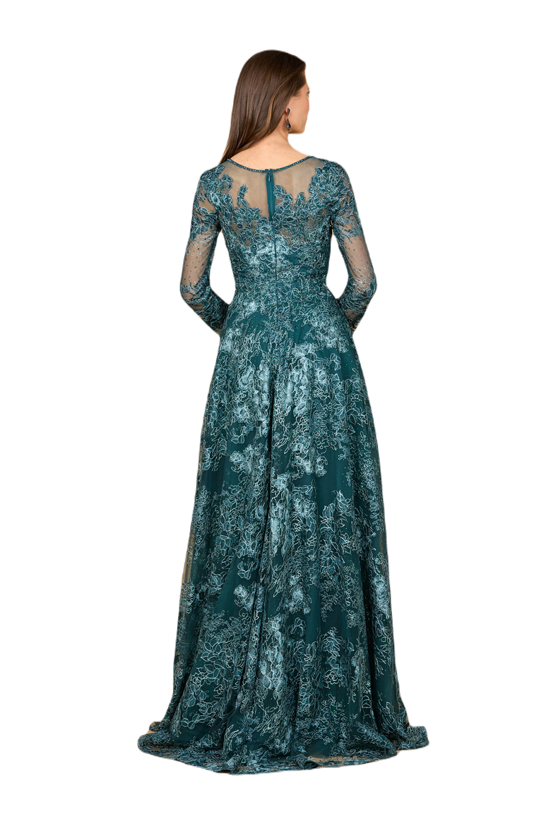 Long Sleeve, Illusion Neck Gown, Alternate, color, Green