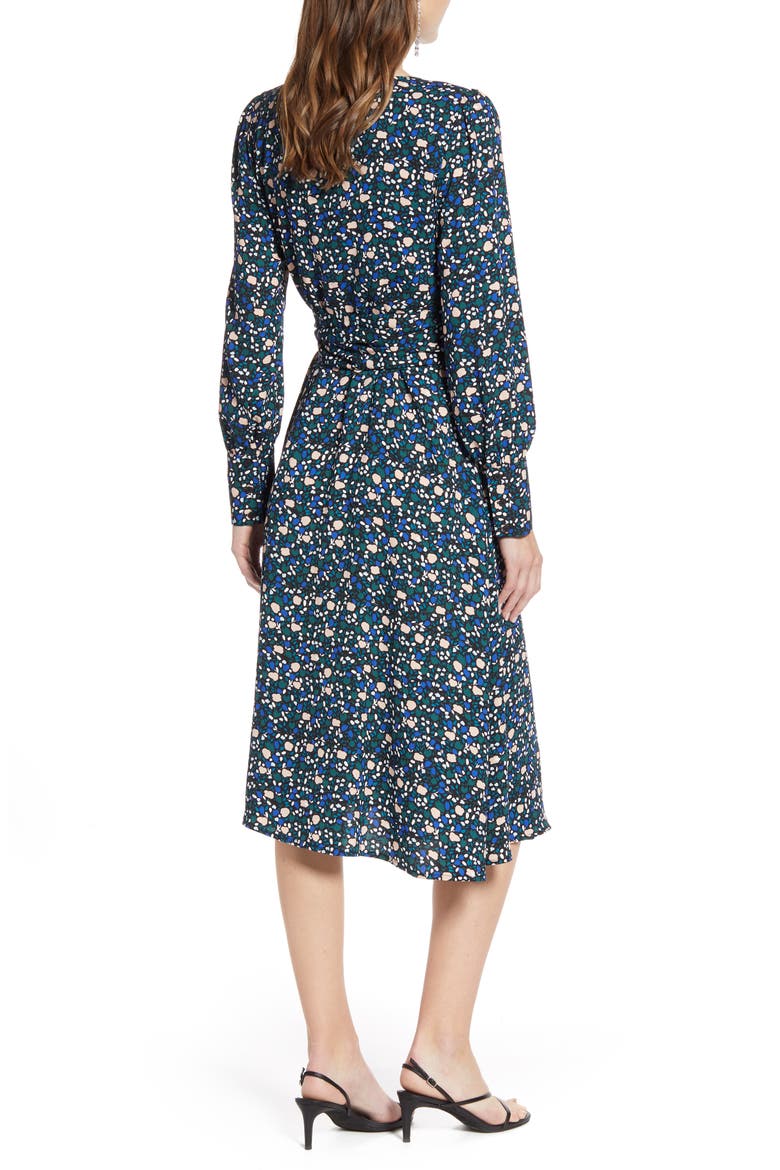 Long Sleeve Wrap Midi Dress, Alternate, color, BLACK- PINK S MALORY FLRL