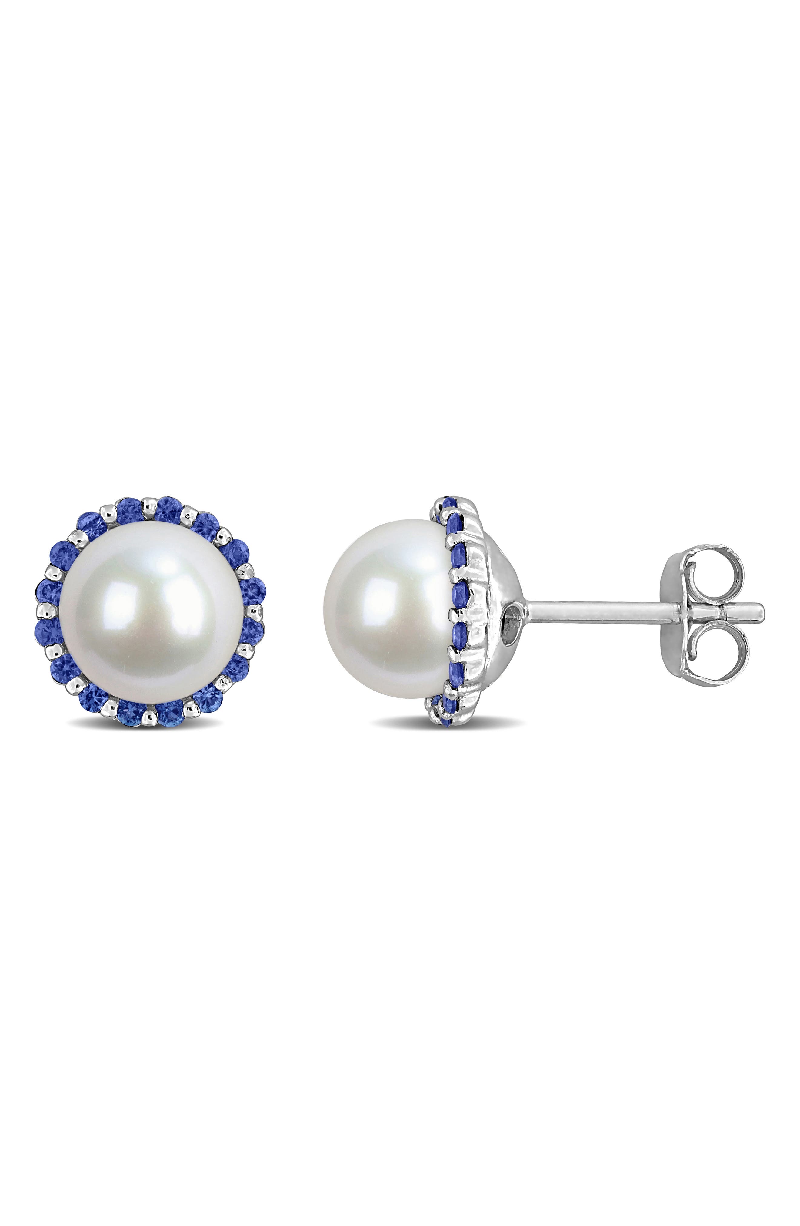 DELMAR Blue Sapphire & Cultured Pearl Stud Earrings