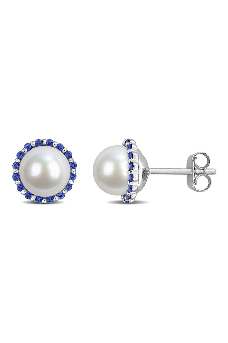 Blue Sapphire & Cultured Pearl Stud Earrings, Main, color, BLUE