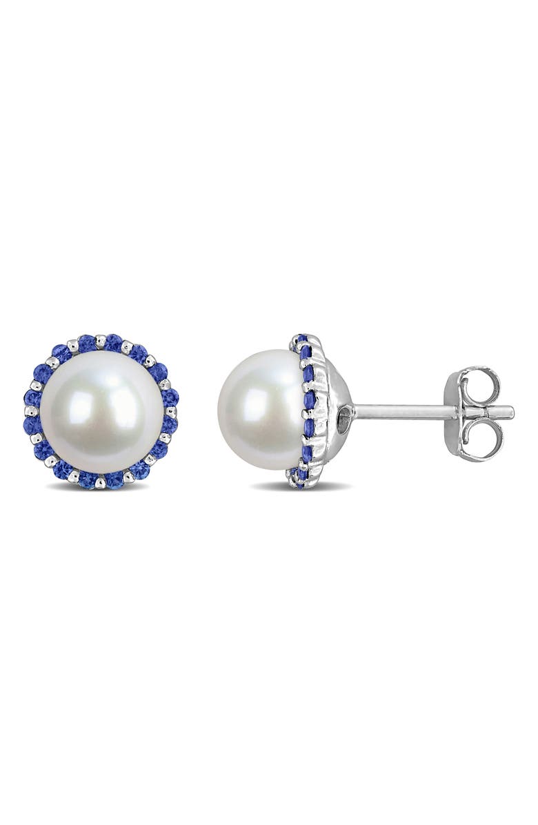 DELMAR Blue Sapphire & Cultured Pearl Stud Earrings, Main, color, Blue