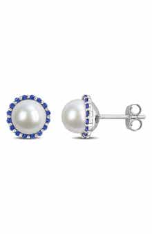 DELMAR Blue Sapphire & Cultured Pearl Stud Earrings