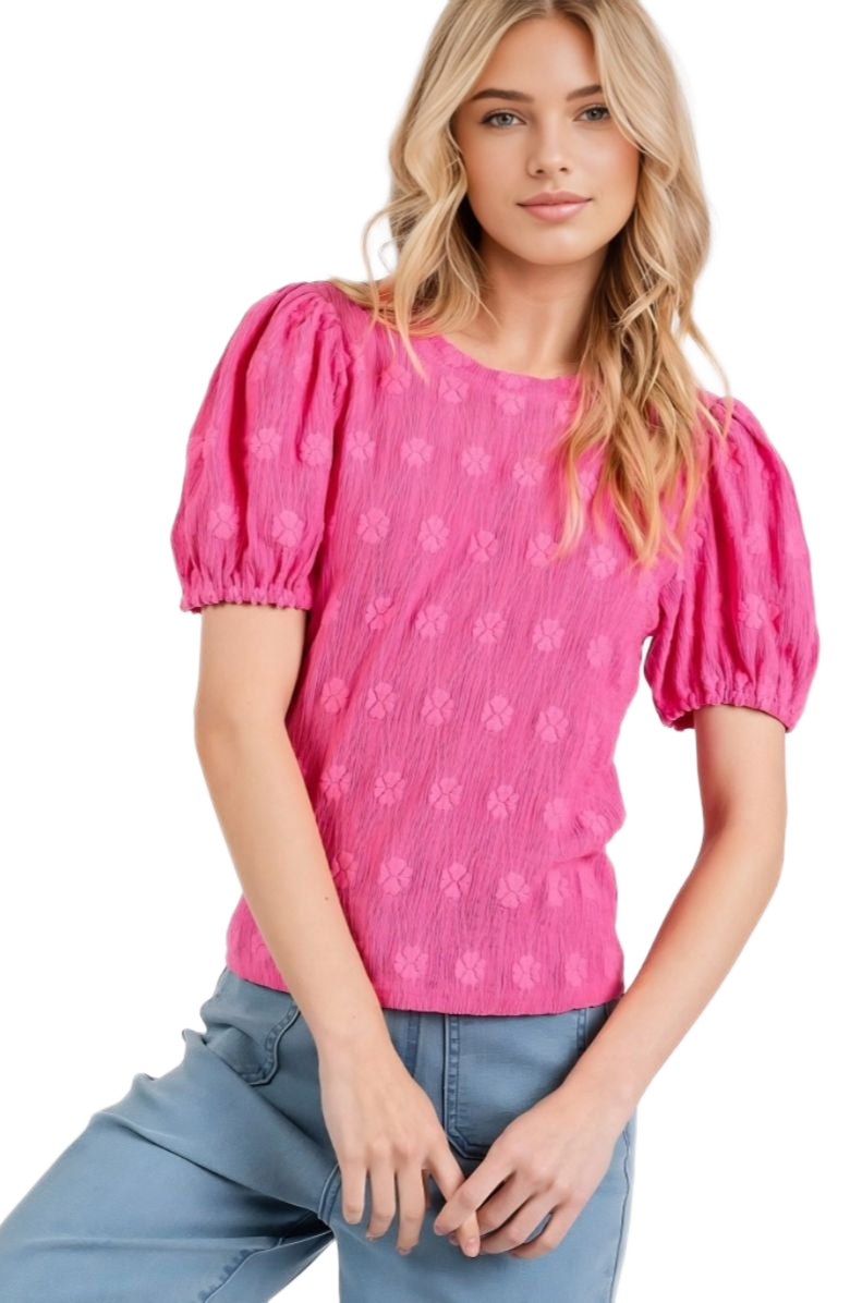 Knit and Lounge Embroidered Crinkled Texture Puff Sleeve Round Neck Top, Alternate, color, 
