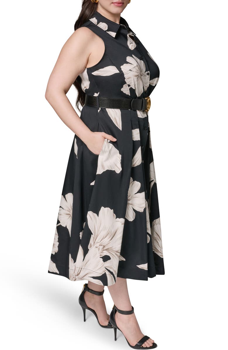 DONNA KARAN Floral Sleeveless Stretch Cotton Shirtdress, Alternate, color, Black Multi