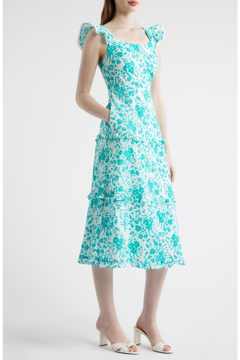 Floral Ruffle Tiered Midi Dress, Alternate, color, CRISPT WHITE/ BERYL GREEN
