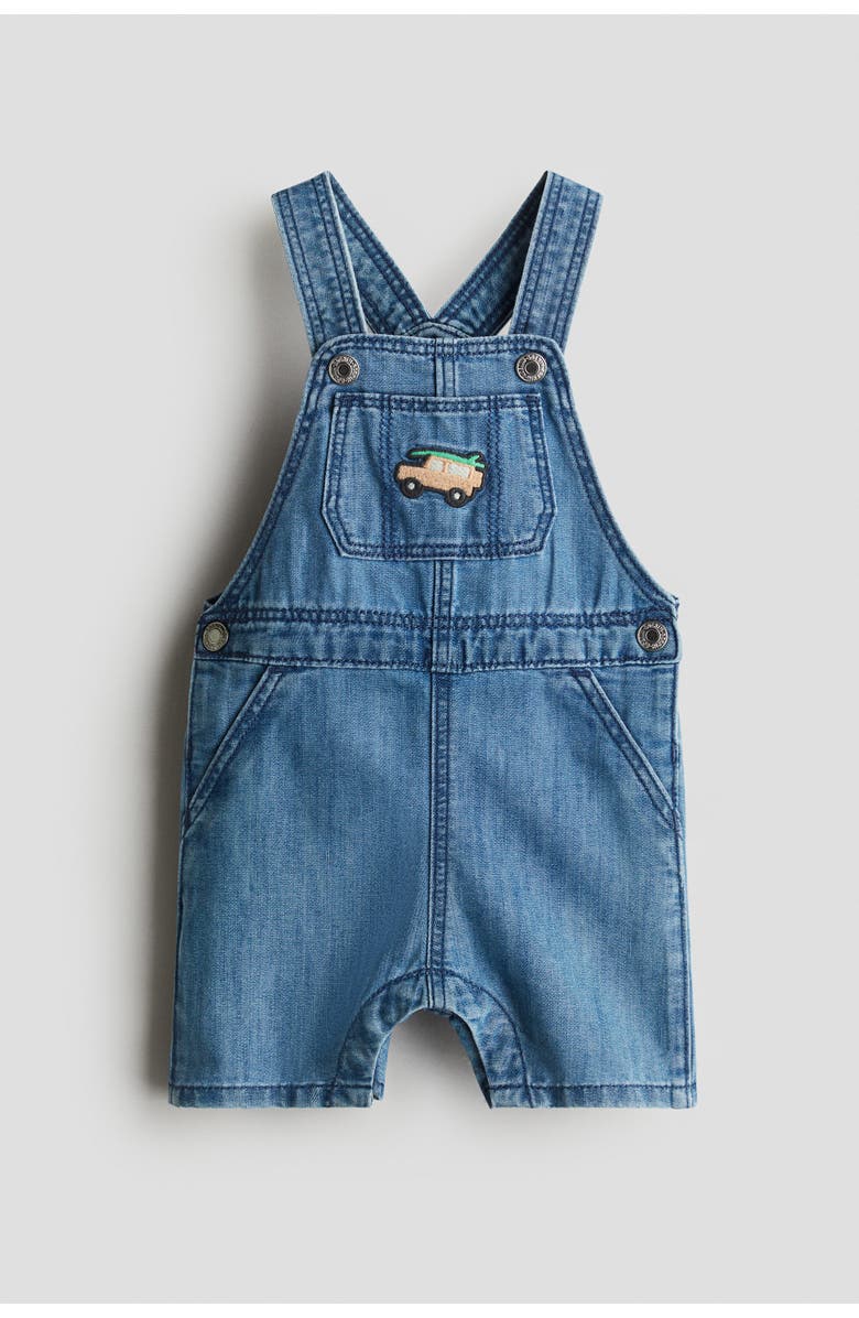 H&M Embroidery-detail Denim Dungaree Shorts, Main, color, Denim Blue/Car