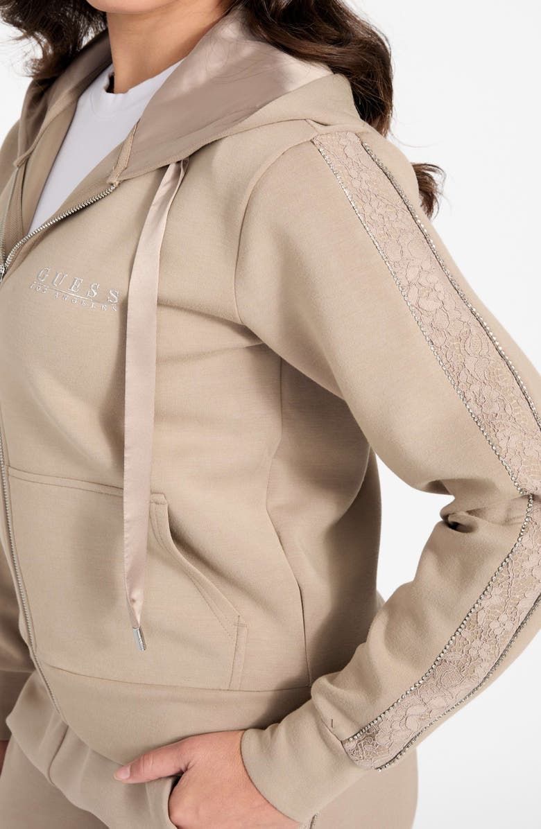 GUESS Rhinestone Embellished Zip Hoodie, Alternate, color, Beige
