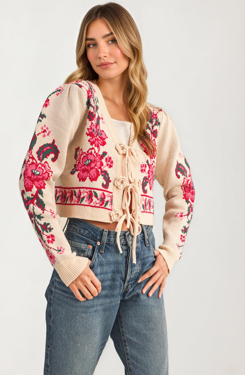 Knit and Lounge Floral Tie-Front Cropped Cardigan, Alternate, color, Beige / Pink Floral