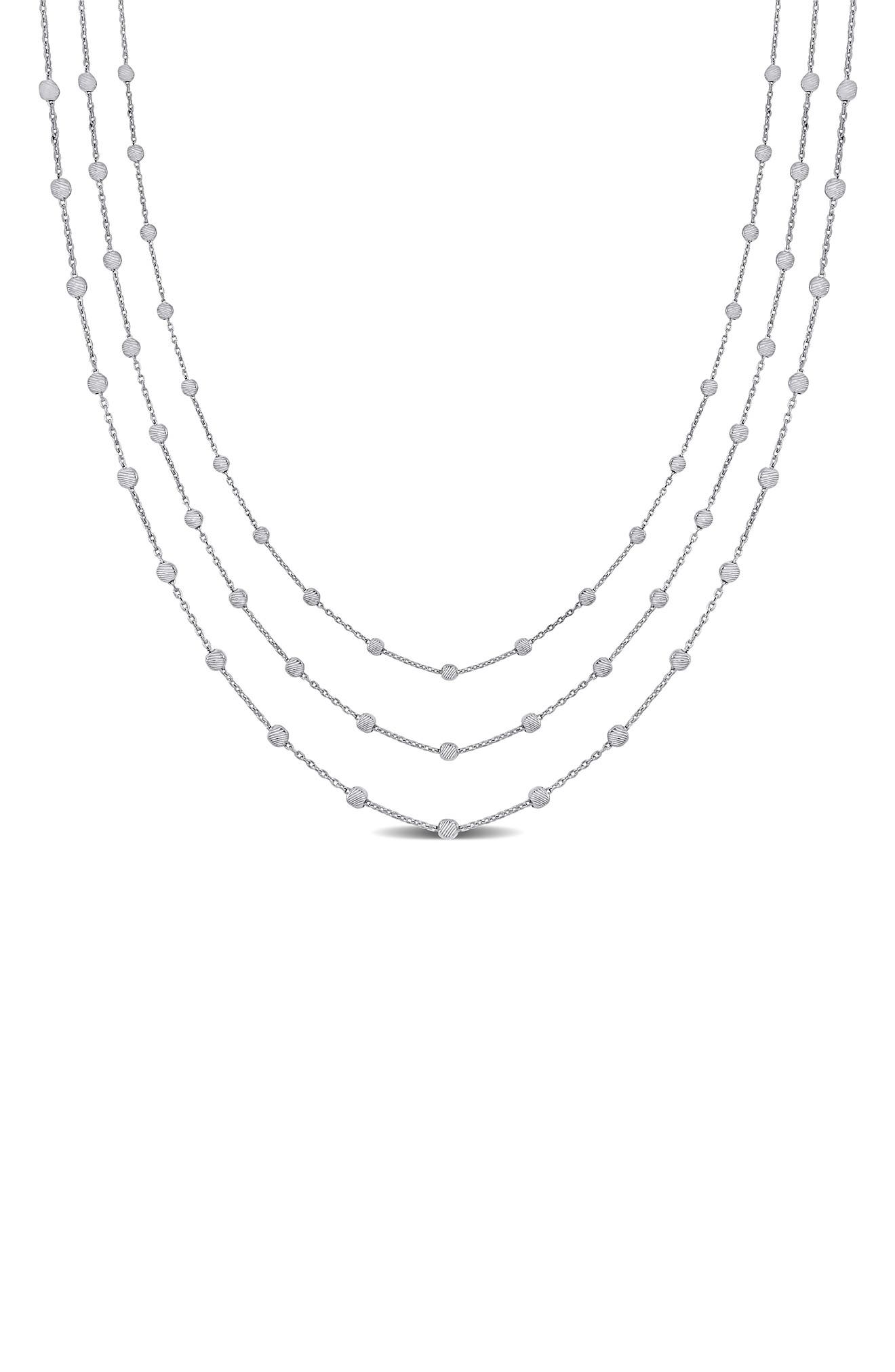 DELMAR Sterling Silver Ball Station Chain Triple Strand Necklace