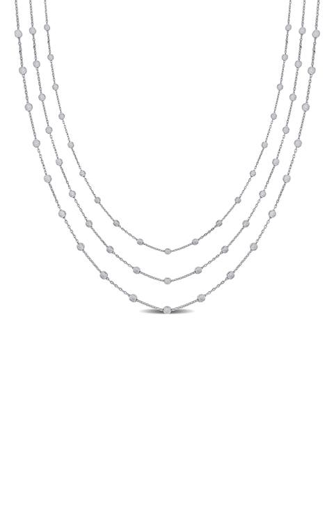 Sterling Silver Ball Station Chain Triple Strand Necklace