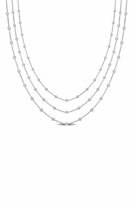 DELMAR Sterling Silver Ball Station Chain Triple Strand Necklace