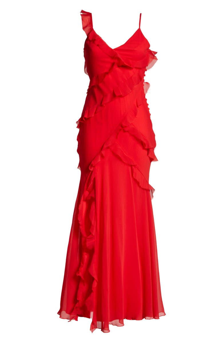 ASOS DESIGN Ruffle Plissé Chiffon Lace-Up Back Maxi Dress, Alternate, color,