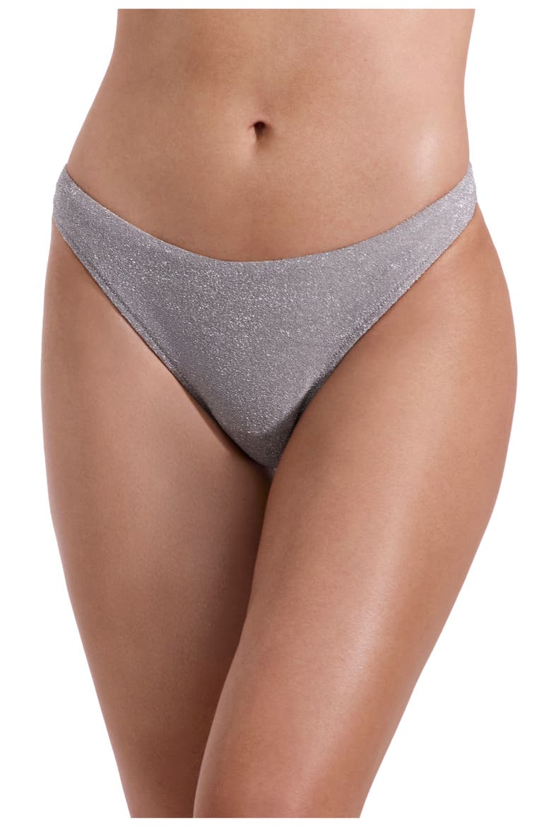 Luna Textured Shimmer High Leg Low Rise Bikini Bottom, Main, color, Silver-Brown