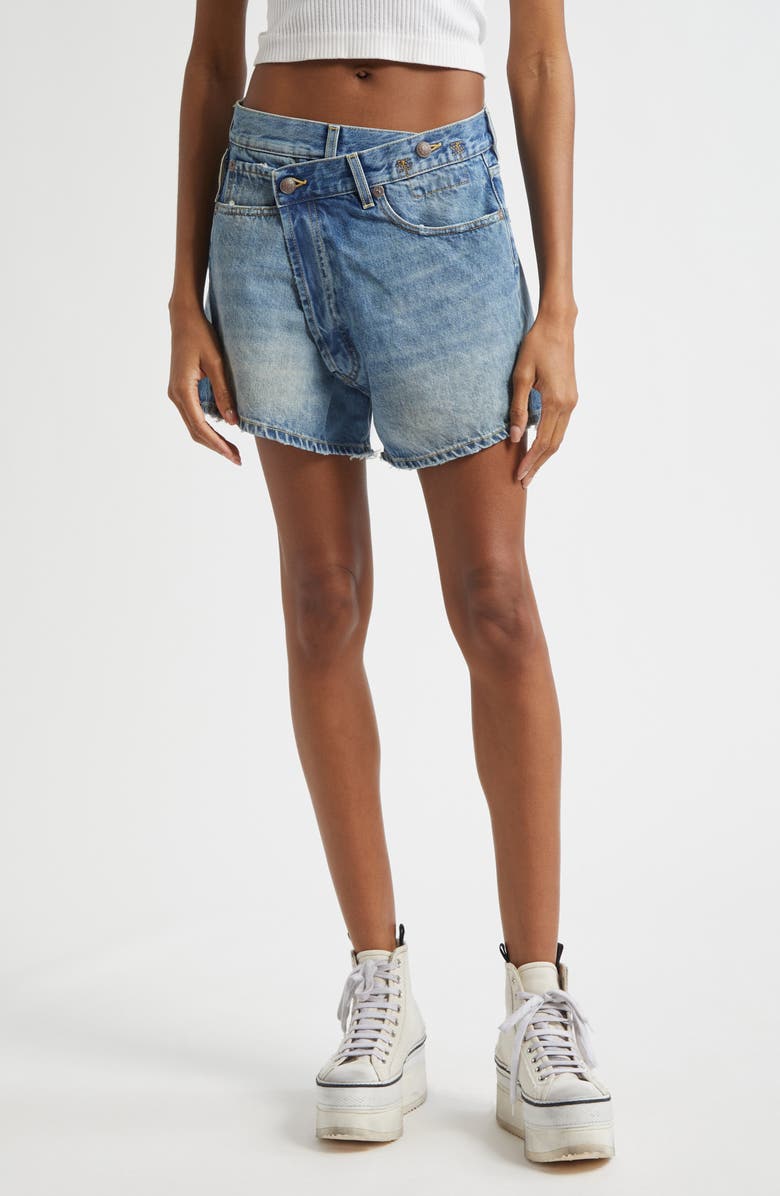 R13 Crossover Distressed Denim Shorts, Main, color, Bain Blue